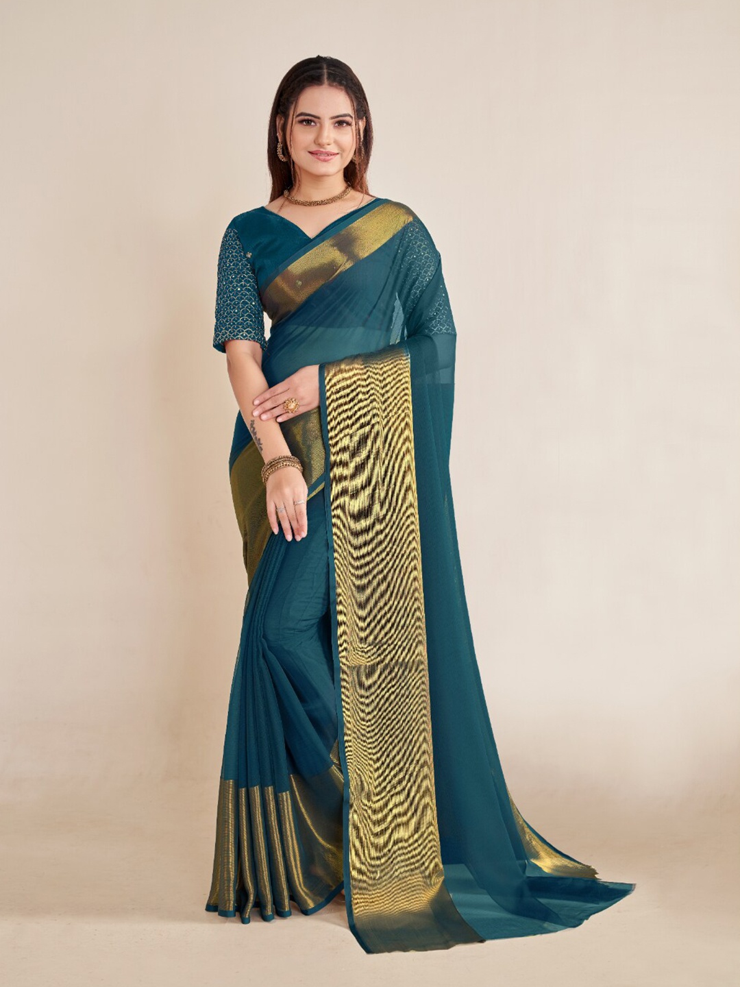 

Ambuja International Zari Border Saree, Teal