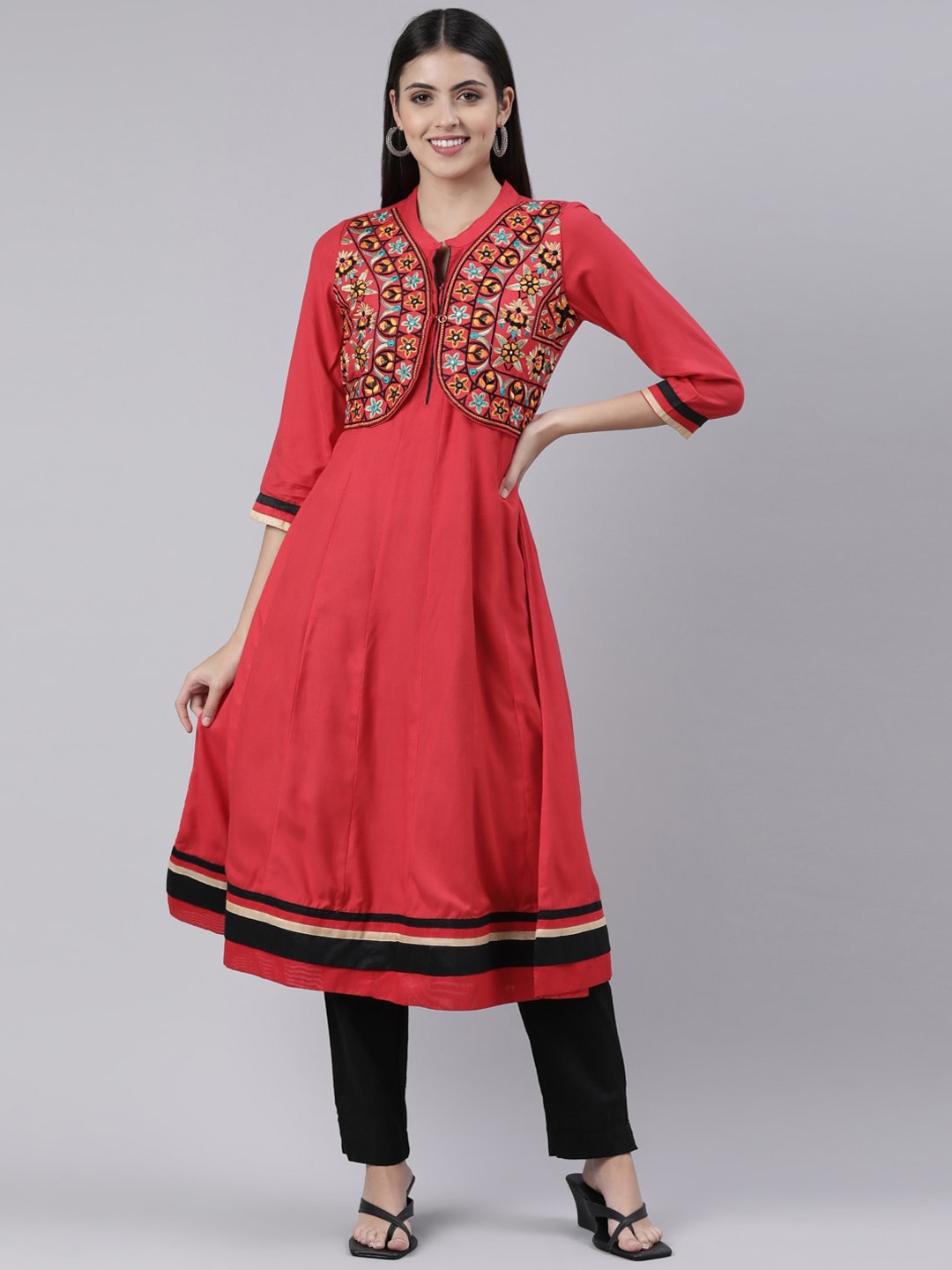 

Souchii Women Floral Embroidered Mirror Work Grandeur & Majestic Artwork Anarkali Kurta, Red