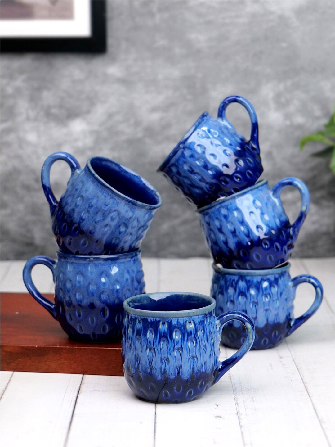 

VarEesha Blue 6 Pcs Ombre Textured Ceramic Glossy Cups 150 ml Each