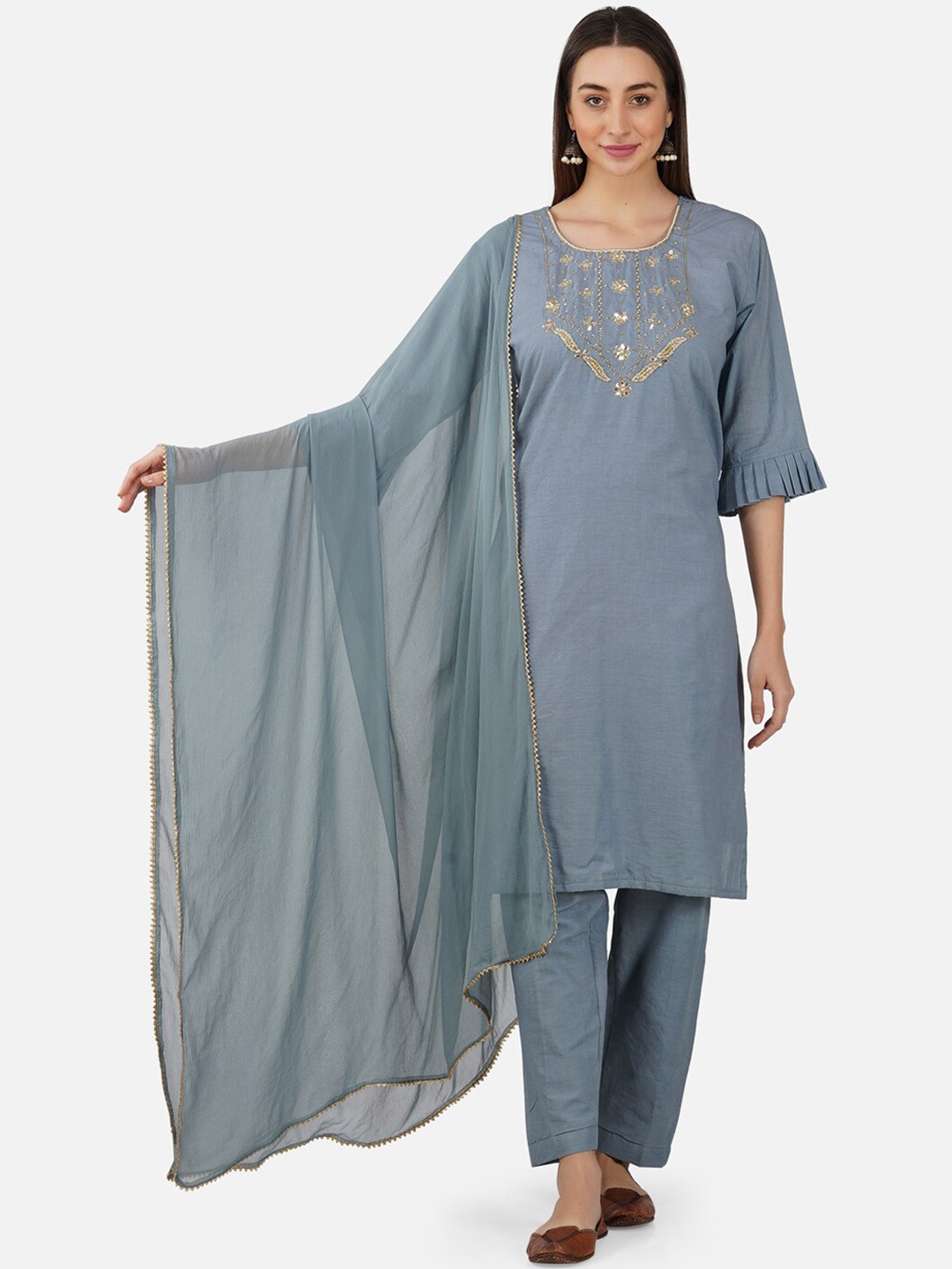 

BCZ Style Women Grey Embroidered Pure Cotton Kurta with Trousers & With Dupatta