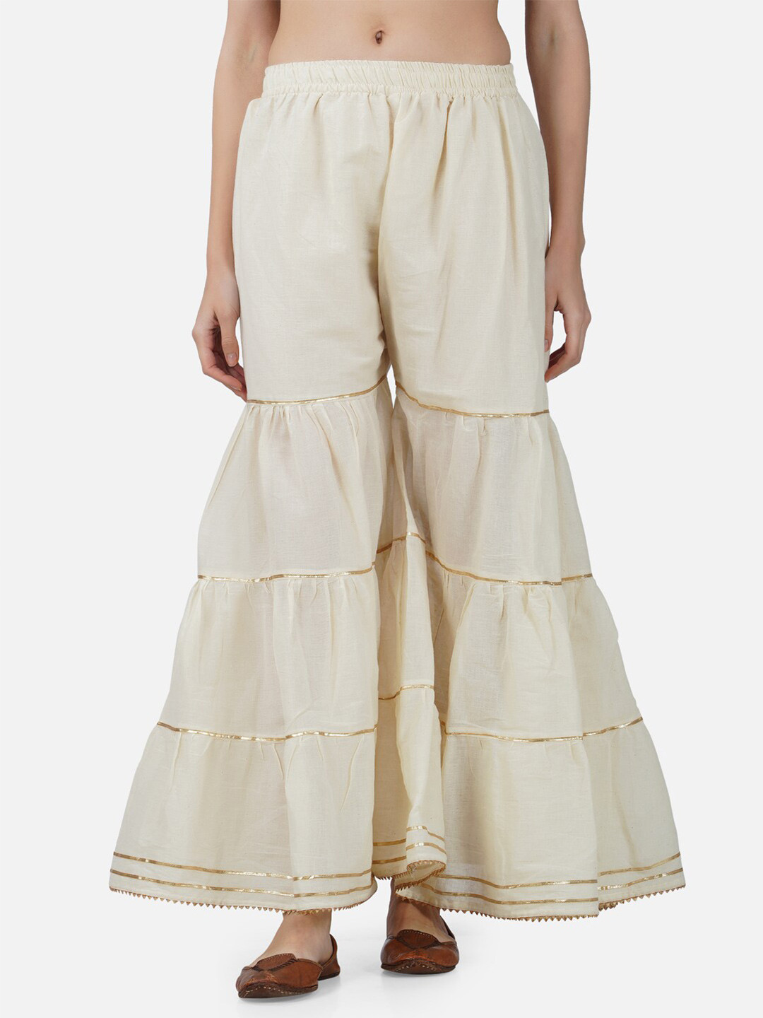 

BCZ Style Women Beige & Gold-Toned Flared Handloom Ethnic Palazzos