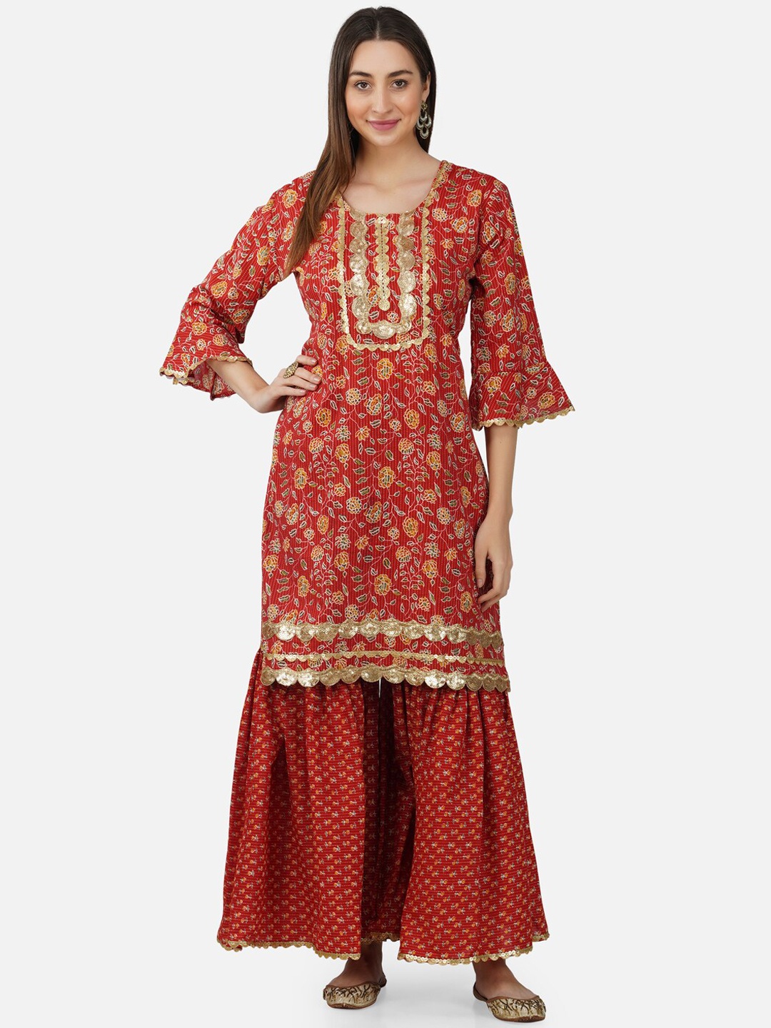 

BCZ Style Women Floral Printed Sequinned Bell Sleeve Pure Cotton Kurta with Sharara, Red