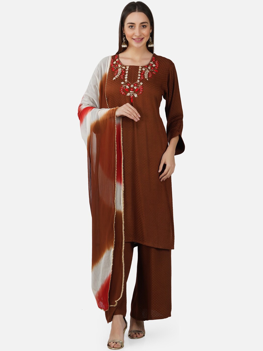 

BCZ Style Women Floral Embroidered Square Neck Thread Work Kurta with Palazzos & Dupatta, Brown