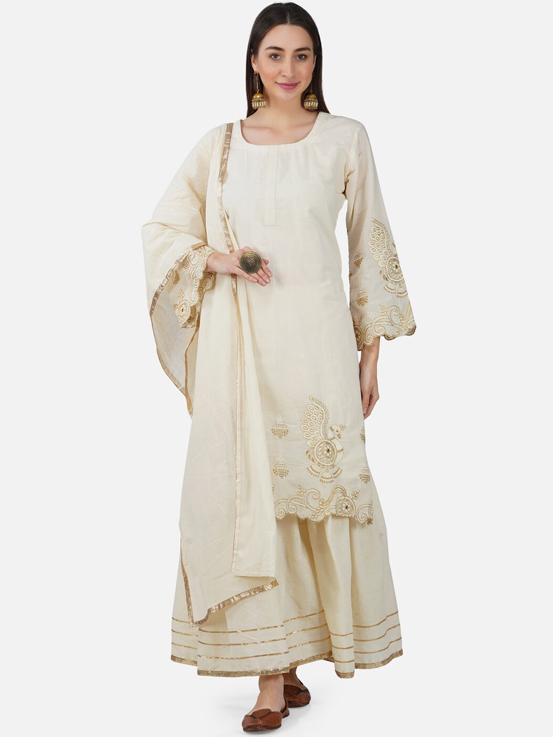 

BCZ Style Ethnic Motifs Embroidered Pure Cotton Kurta with Sharara & Dupatta, Beige