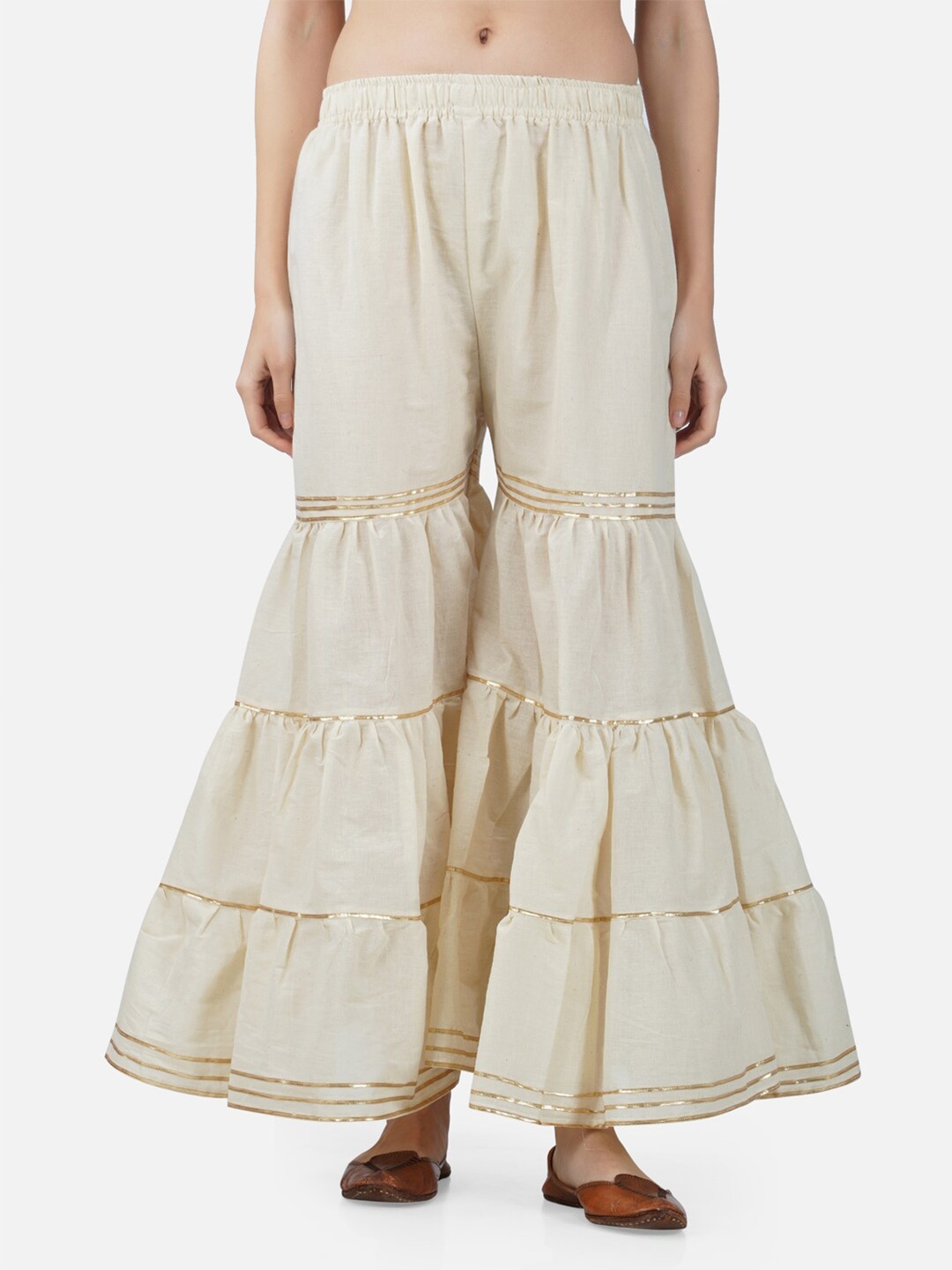 

BCZ Style Women Beige & Gold-Toned Flared Handloom Ethnic Palazzos