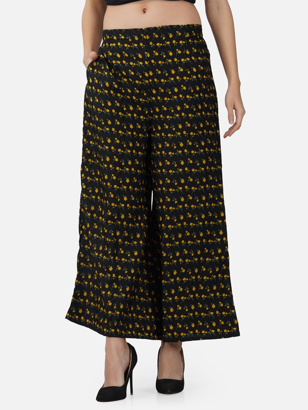 

BCZ Style Women Black & Yellow Printed Handloom Crepe Palazzos