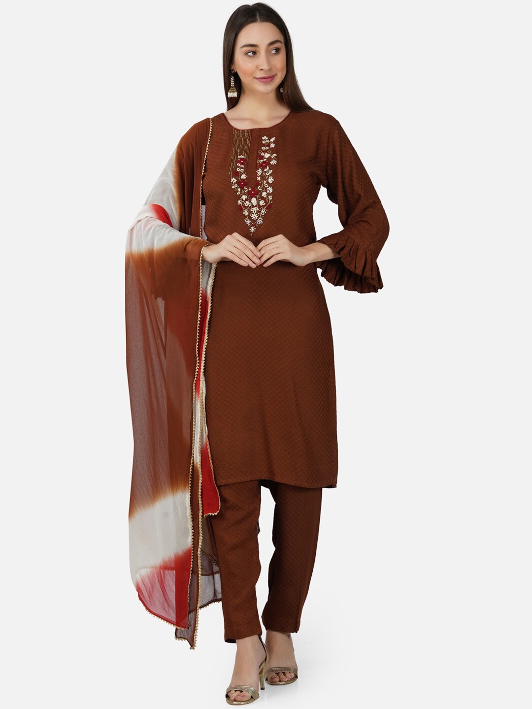 

BCZ Style Floral Embroidered Kurta with Trousers & With Dupatta, Brown