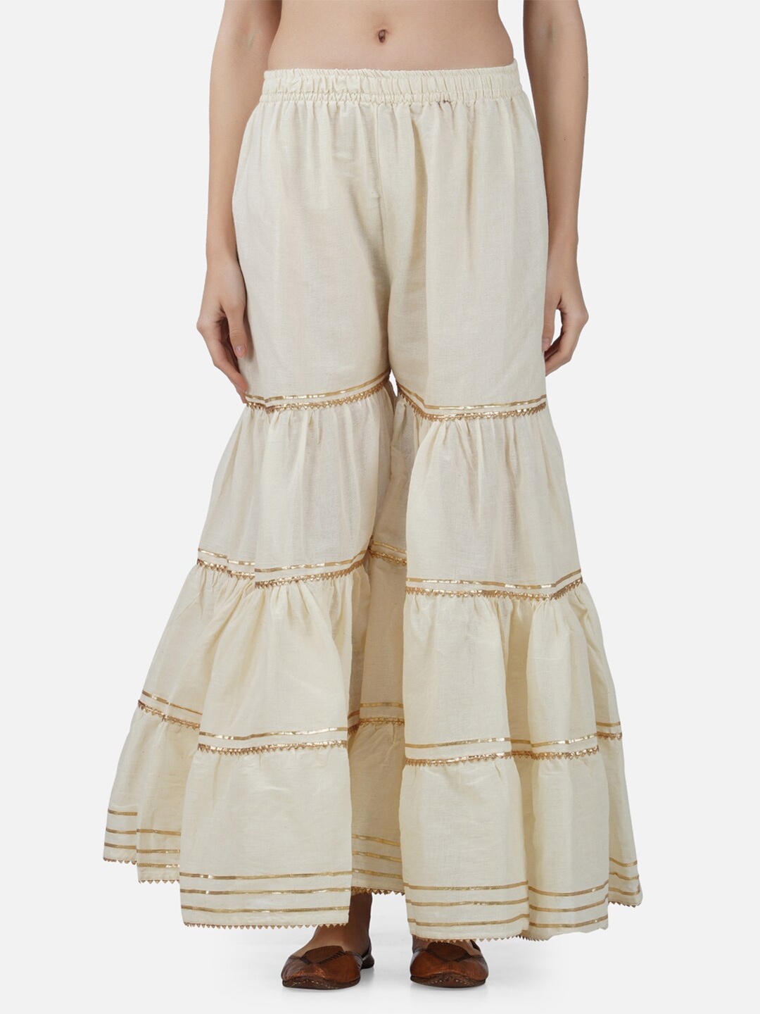 

BCZ Style Women Beige & Gold-Toned Flared Handloom Ethnic Palazzos