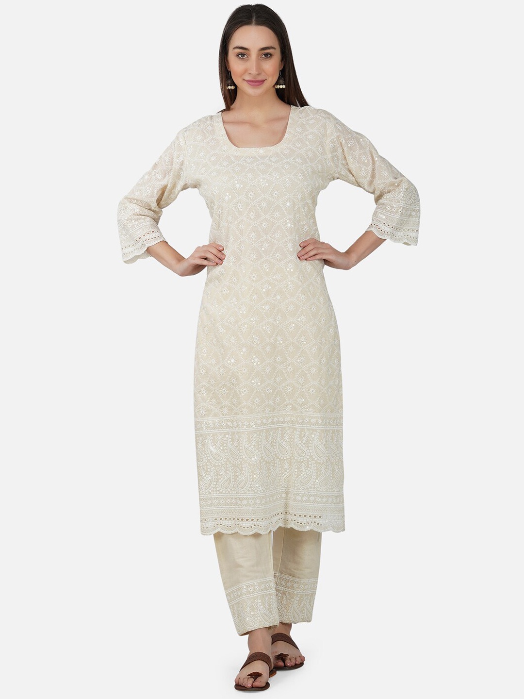 

BCZ Style Women Floral Embroidered Pure Cotton Kurta with Trousers, Beige