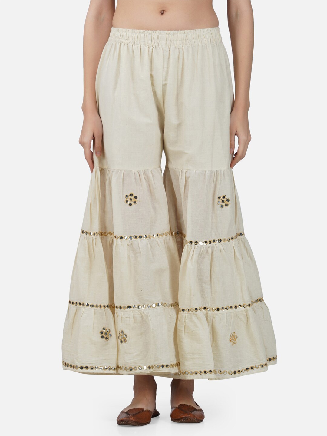 

BCZ Style Women Beige & Gold-Toned Flared Handloom Ethnic Palazzos