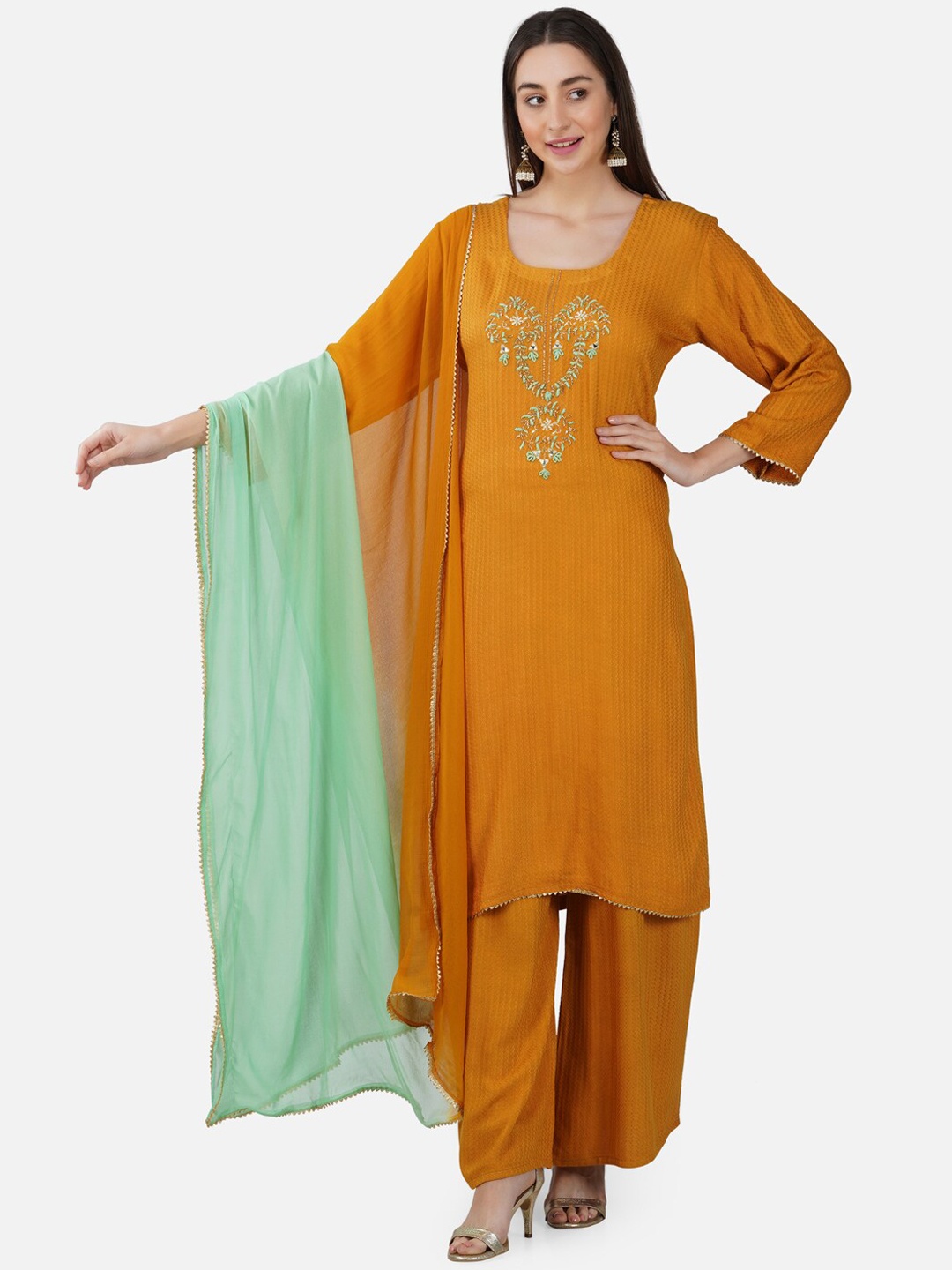 

BCZ Style Women Floral Embroidered Thread Work Kurta with Palazzos & Dupatta, Mustard