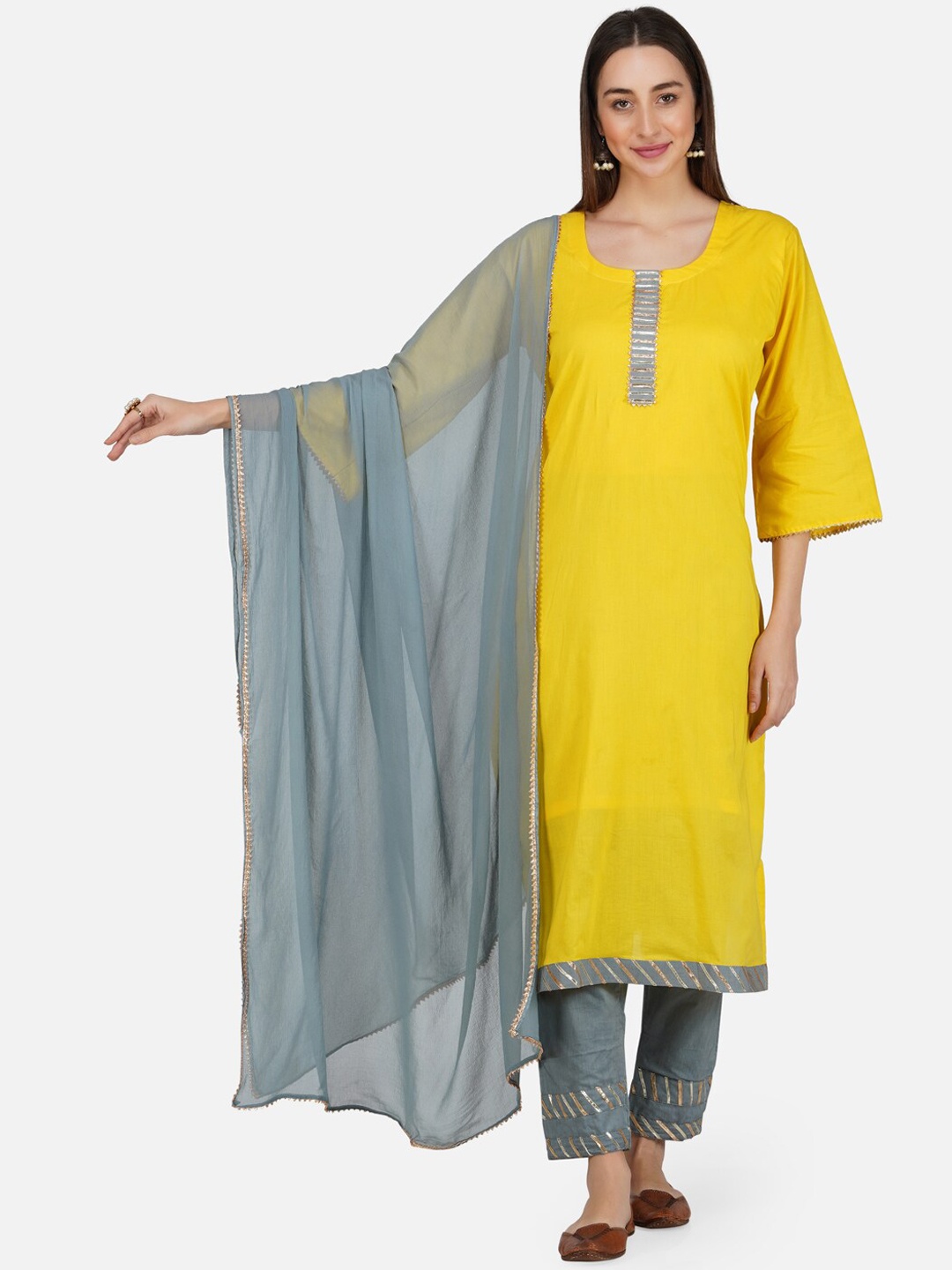 

BCZ Style Gotta Patti Pure Cotton Kurta with Trousers & Dupatta, Yellow