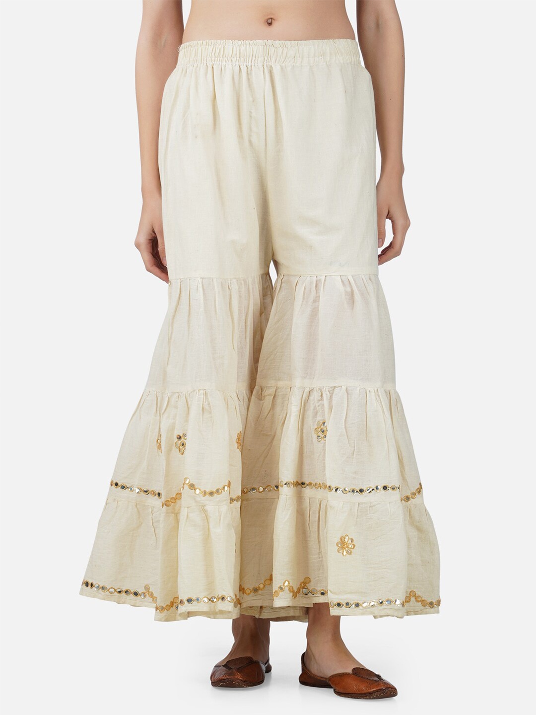 

BCZ Style Women Beige & Gold-Toned Flared Handloom Ethnic Palazzos