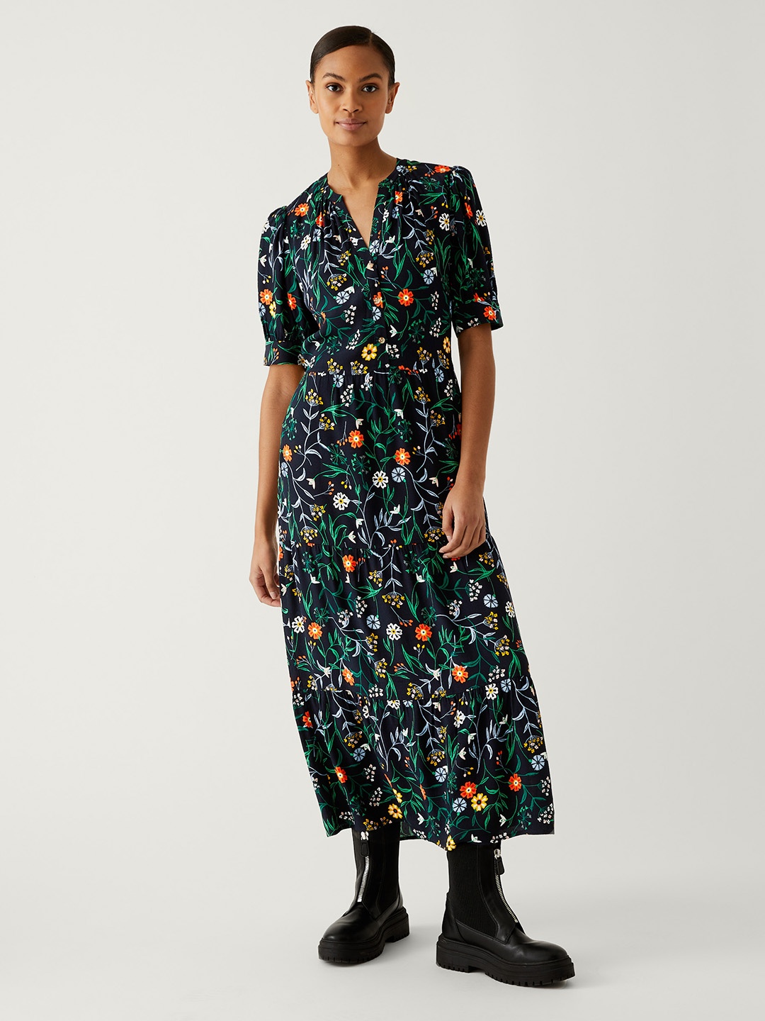 

Marks & Spencer Black & Red Floral A-Line Dress