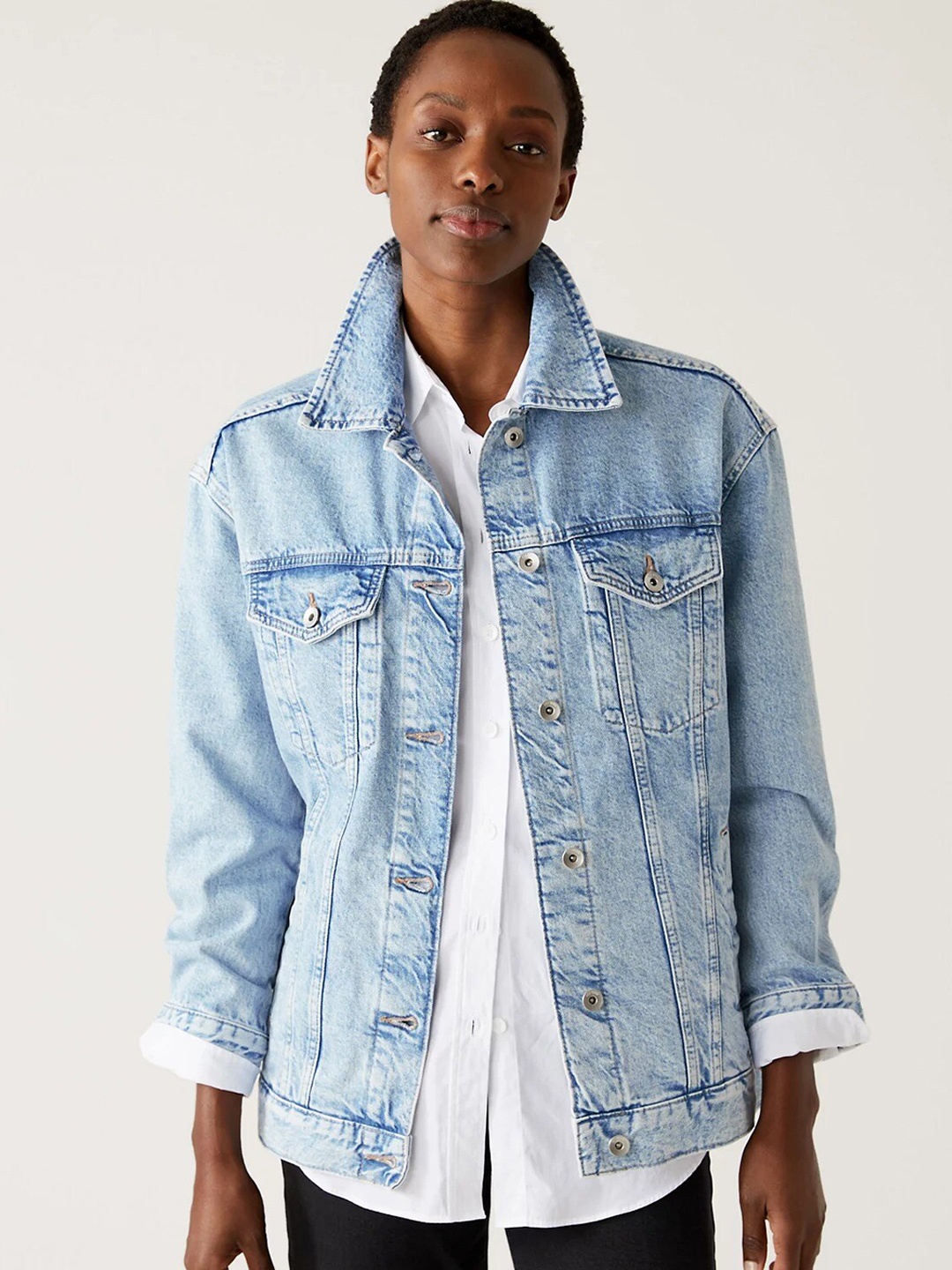 

Marks & Spencer Women Washed Lightweight Cotton Denim Jacket, Blue