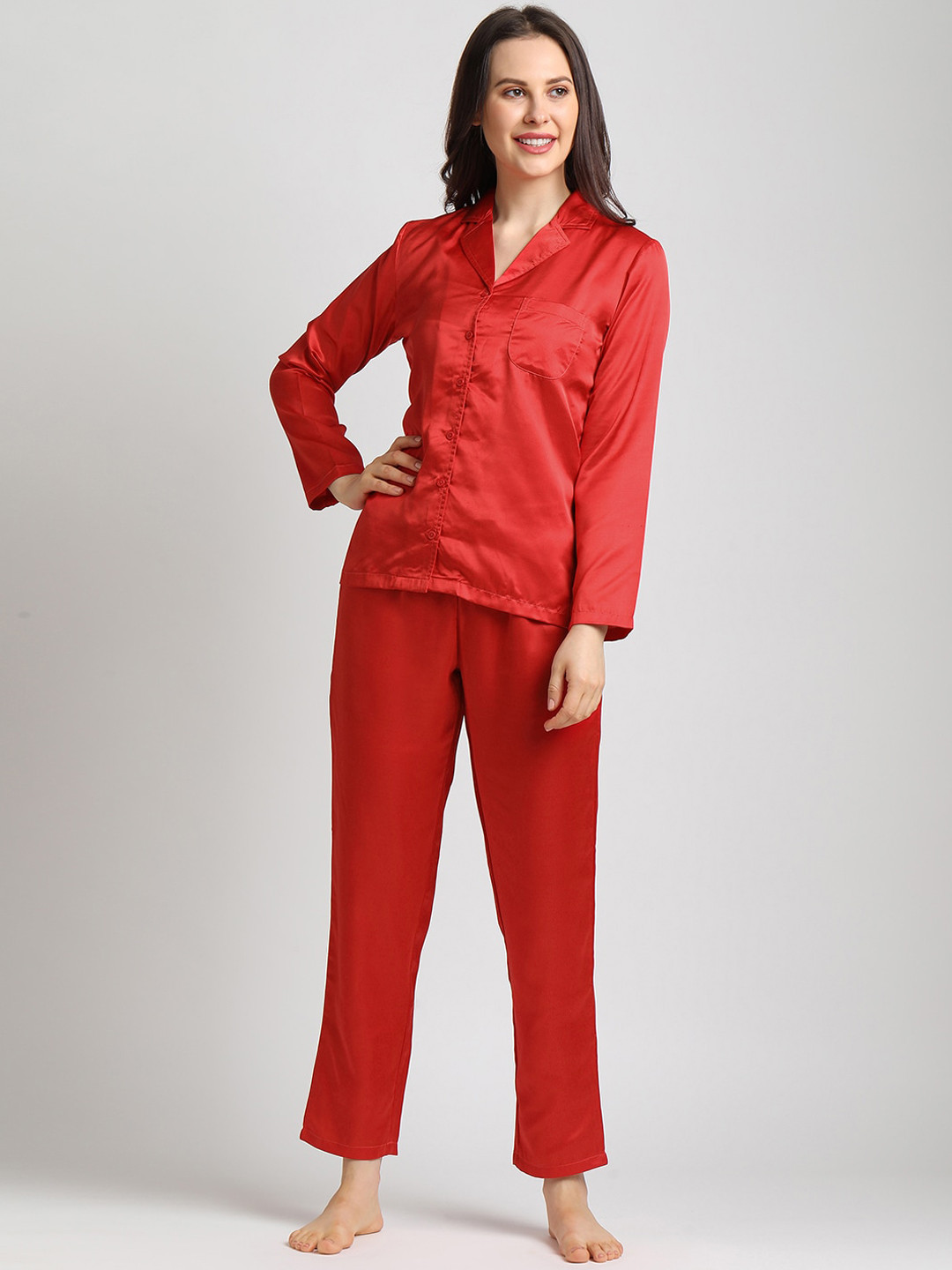 

DRAPE IN VOGUE Women 2 Pieces Lapel Collar Night Suit, Red