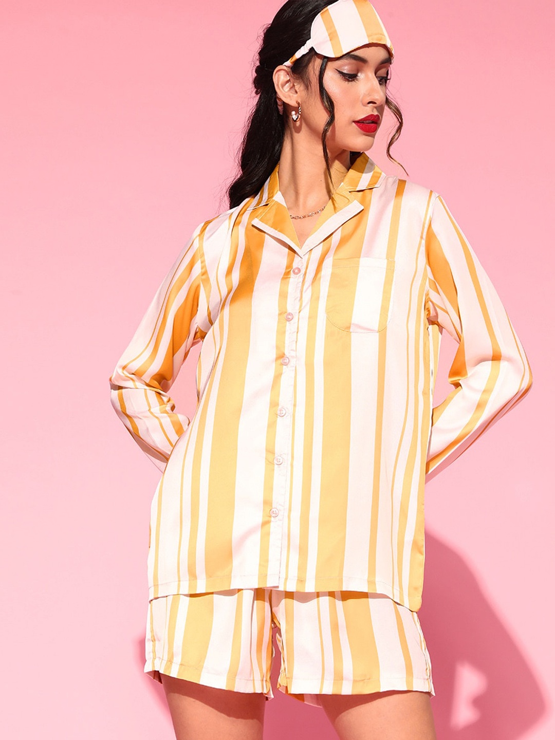 

DRAPE IN VOGUE Women 2 Pieces Striped Night Suit, Yellow