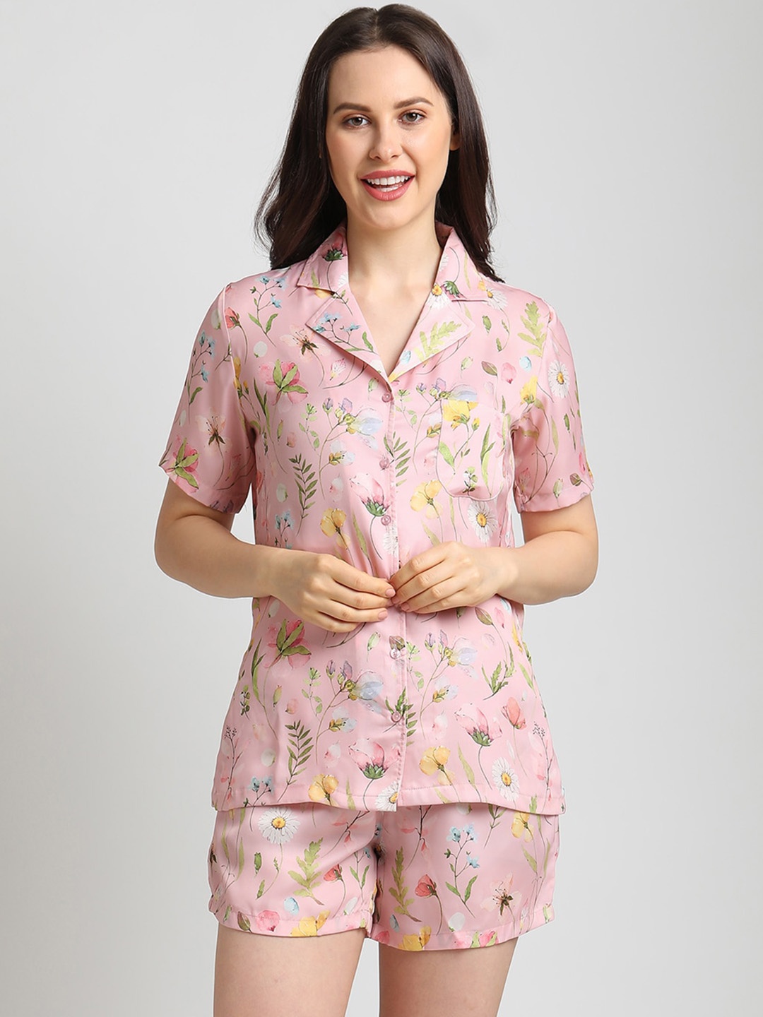 

DRAPE IN VOGUE Women 2 Pieces Floral Printed Night Suit, Pink
