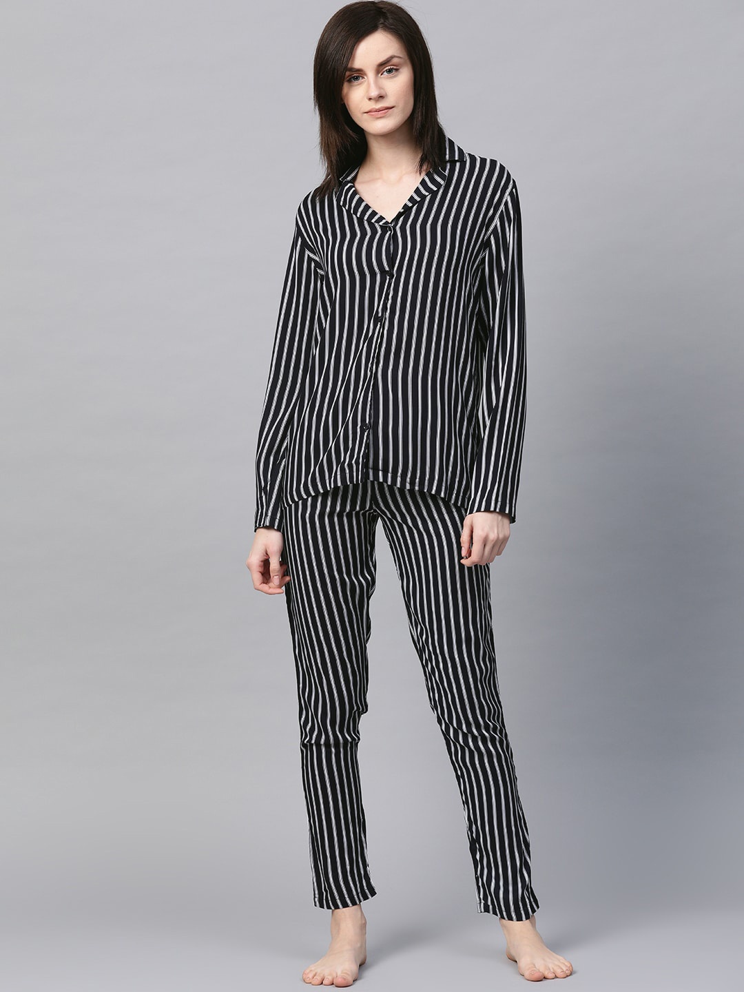 

DRAPE IN VOGUE Women Striped Lapel Collar 2 Piece Night suit, Black