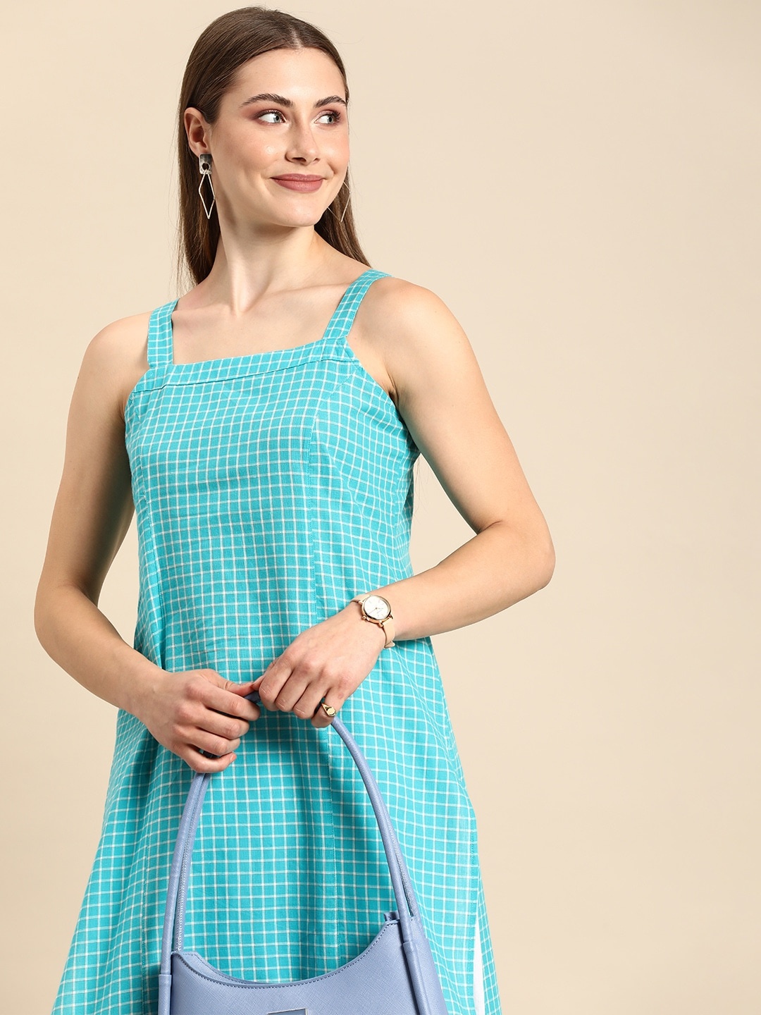 

Anouk Checked Pure Cotton Sleeveless A-Line Kurta, Turquoise blue