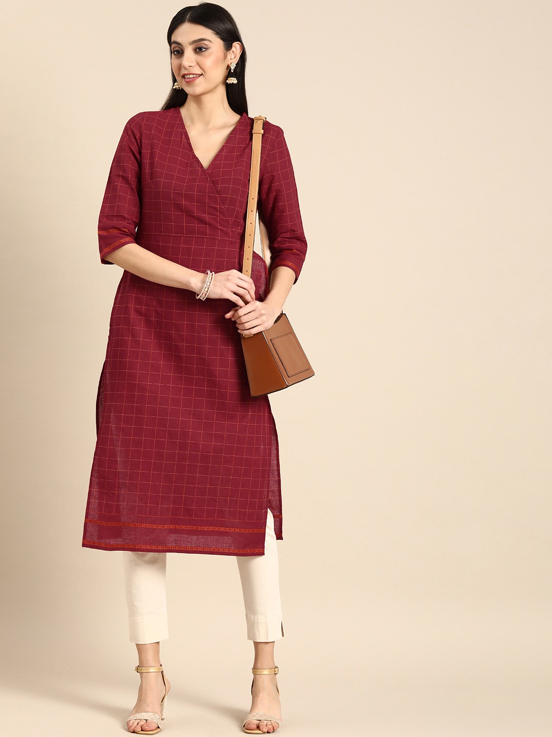 

Anouk Checked V-Neck Wrap-Style Pure Cotton Kurta, Maroon