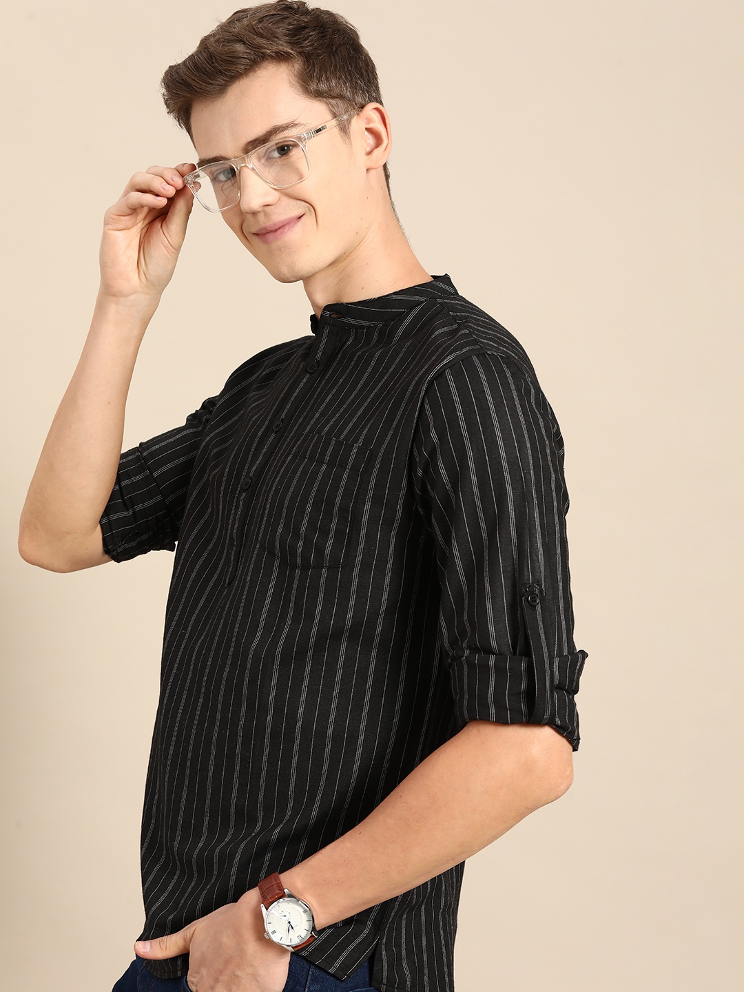 

Anouk Striped Straight Kurta, Black