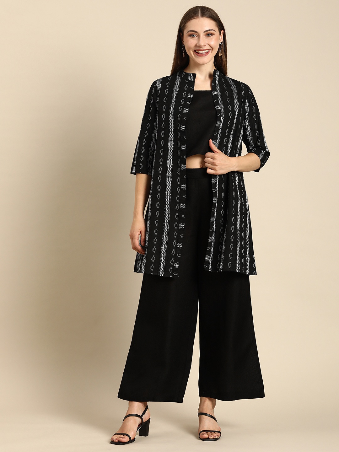 

Anouk Women Solid Crop Top & Palazzos Co-Ord Set Comes With A Shrug, Black