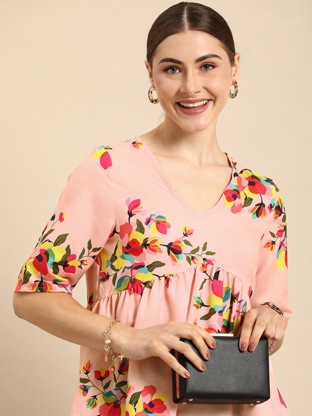

Anouk Floral Print Empire Top Gathered or Pleated Detailing, Peach