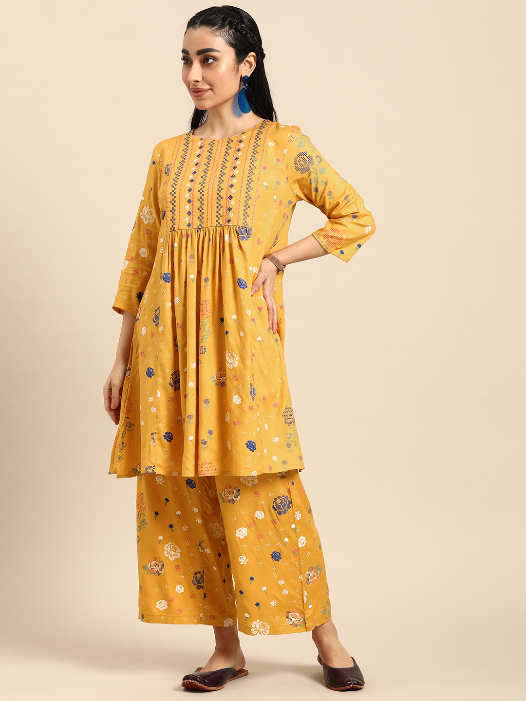 

Anouk Women Floral Print Pleated Thread Work A-Line Kurta with Palazzos, Mustard