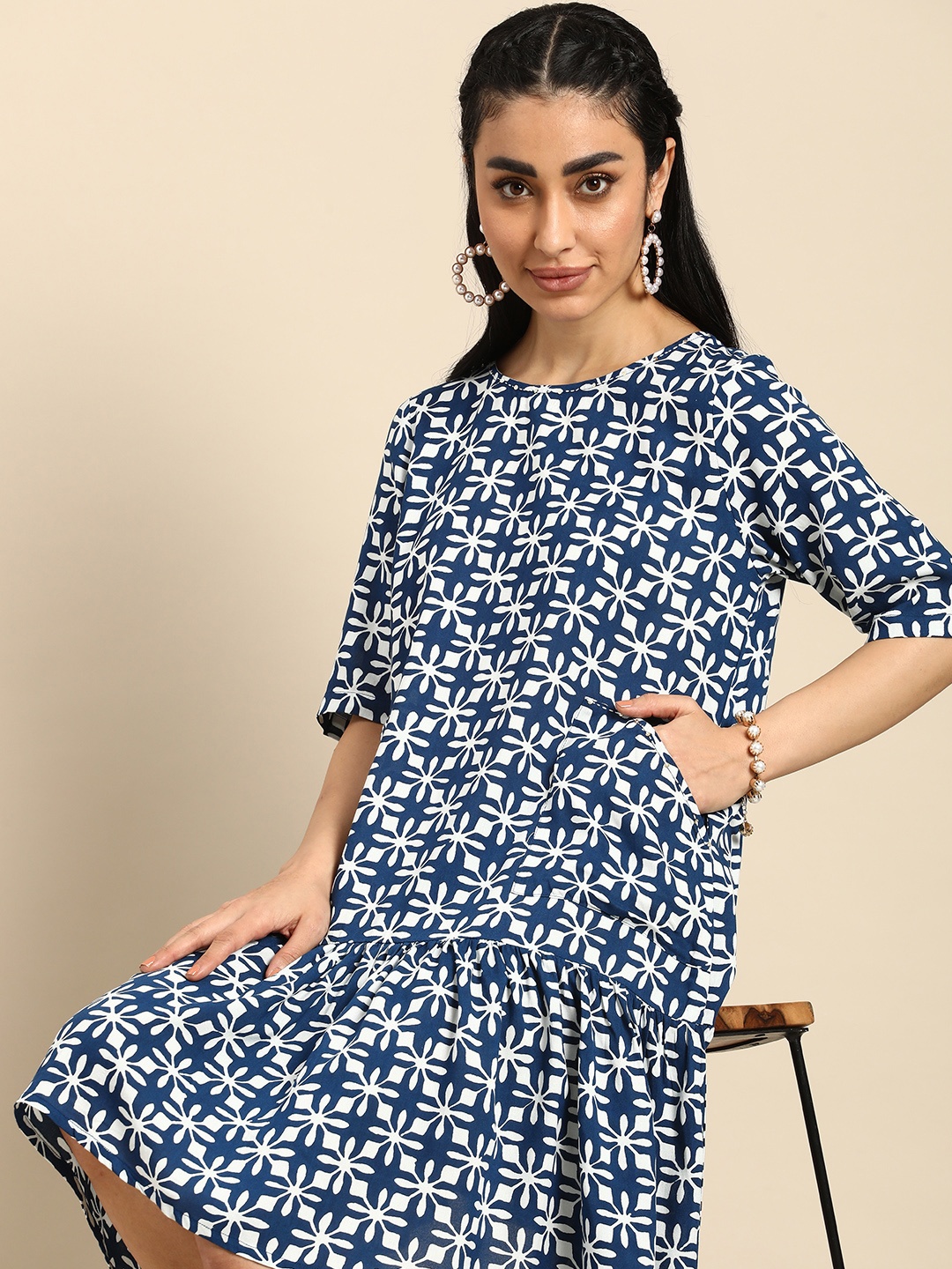 

Anouk Ethnic Motifs Printed Pure Cotton A-Line Tiered Dress, Blue
