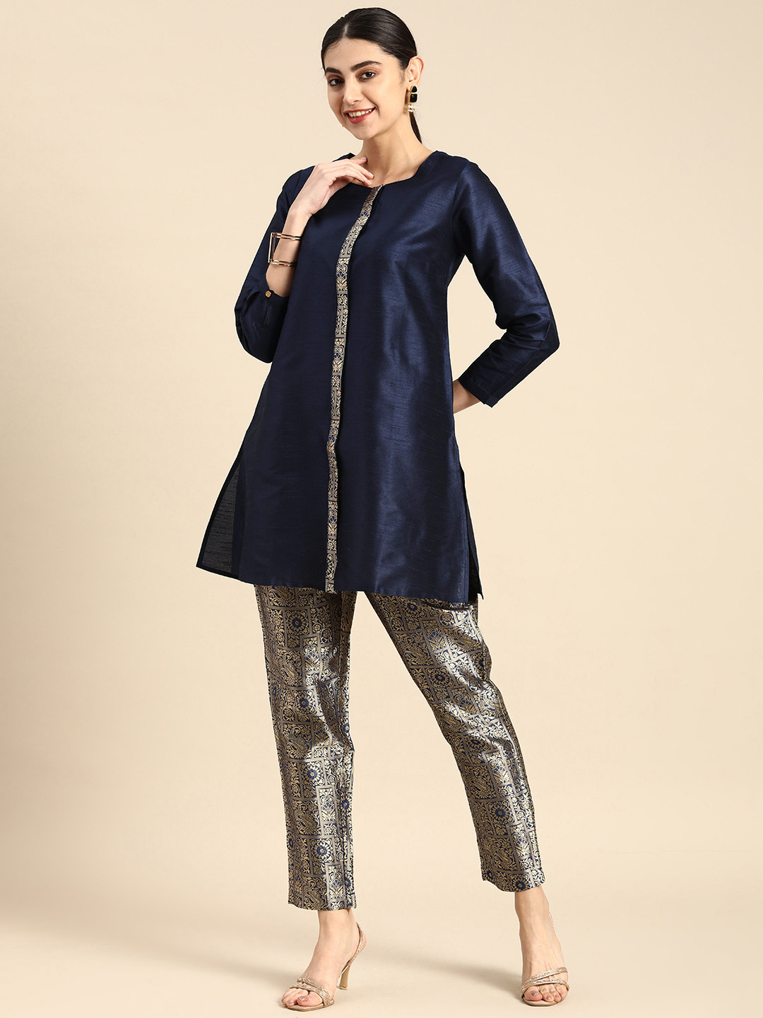 

Anouk Ethnic Motifs A-Line Kurti with Trousers, Navy blue