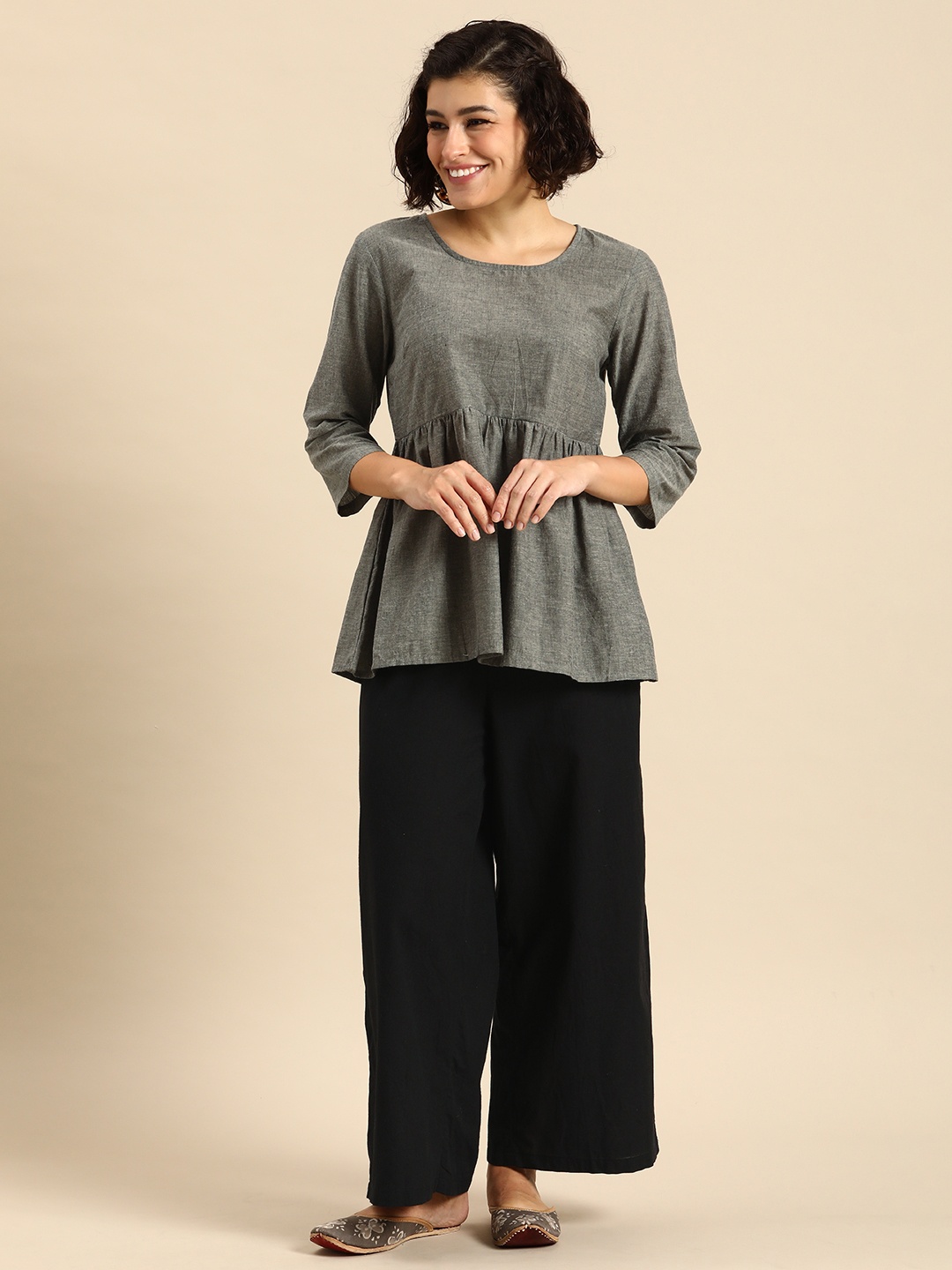 

Anouk Women Pure Cotton Empire Kurti With Palazzos, Grey
