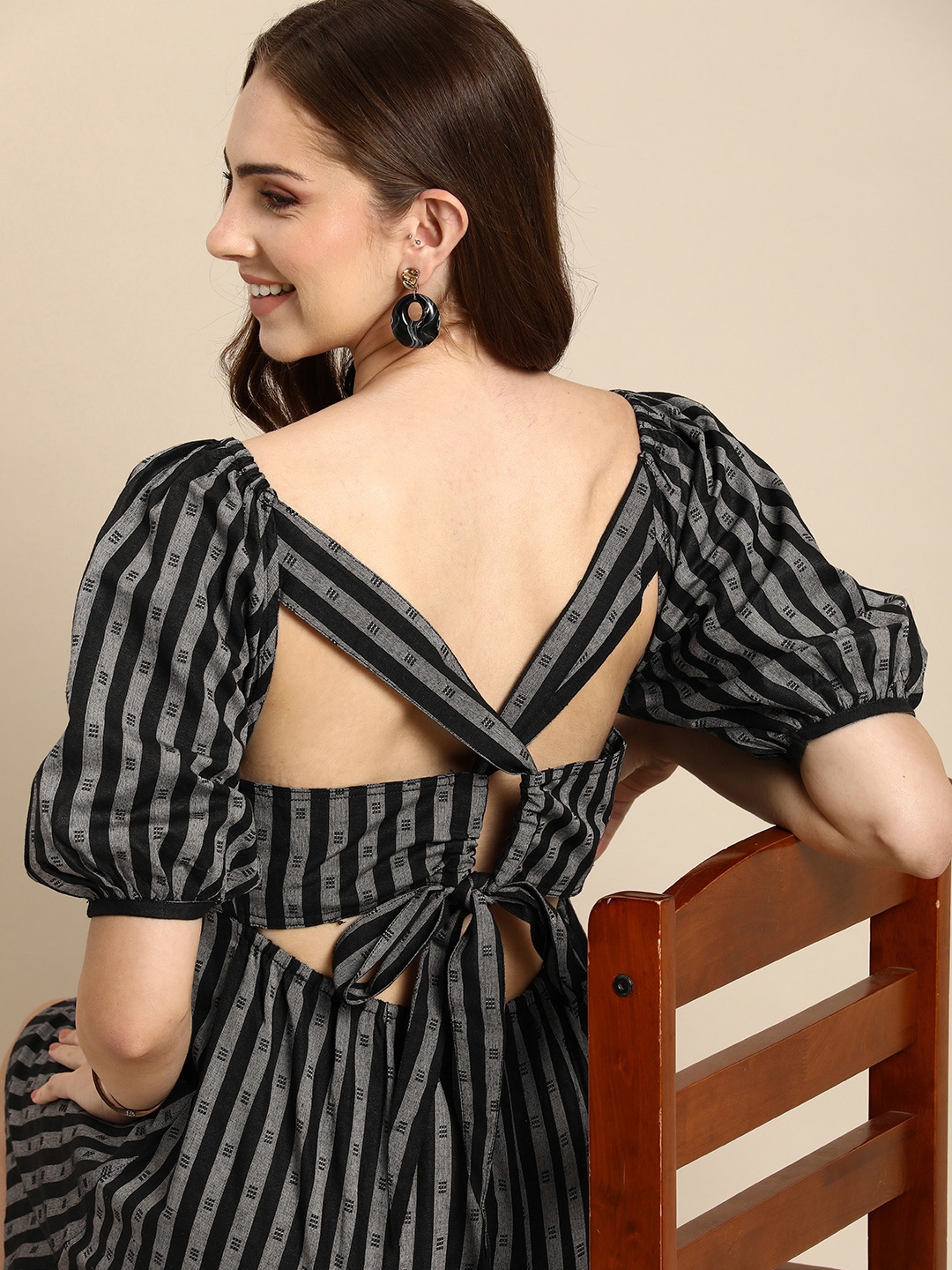 

Anouk Striped Puff Sleeve A-Line Dress With Tie Up Detailing, Black