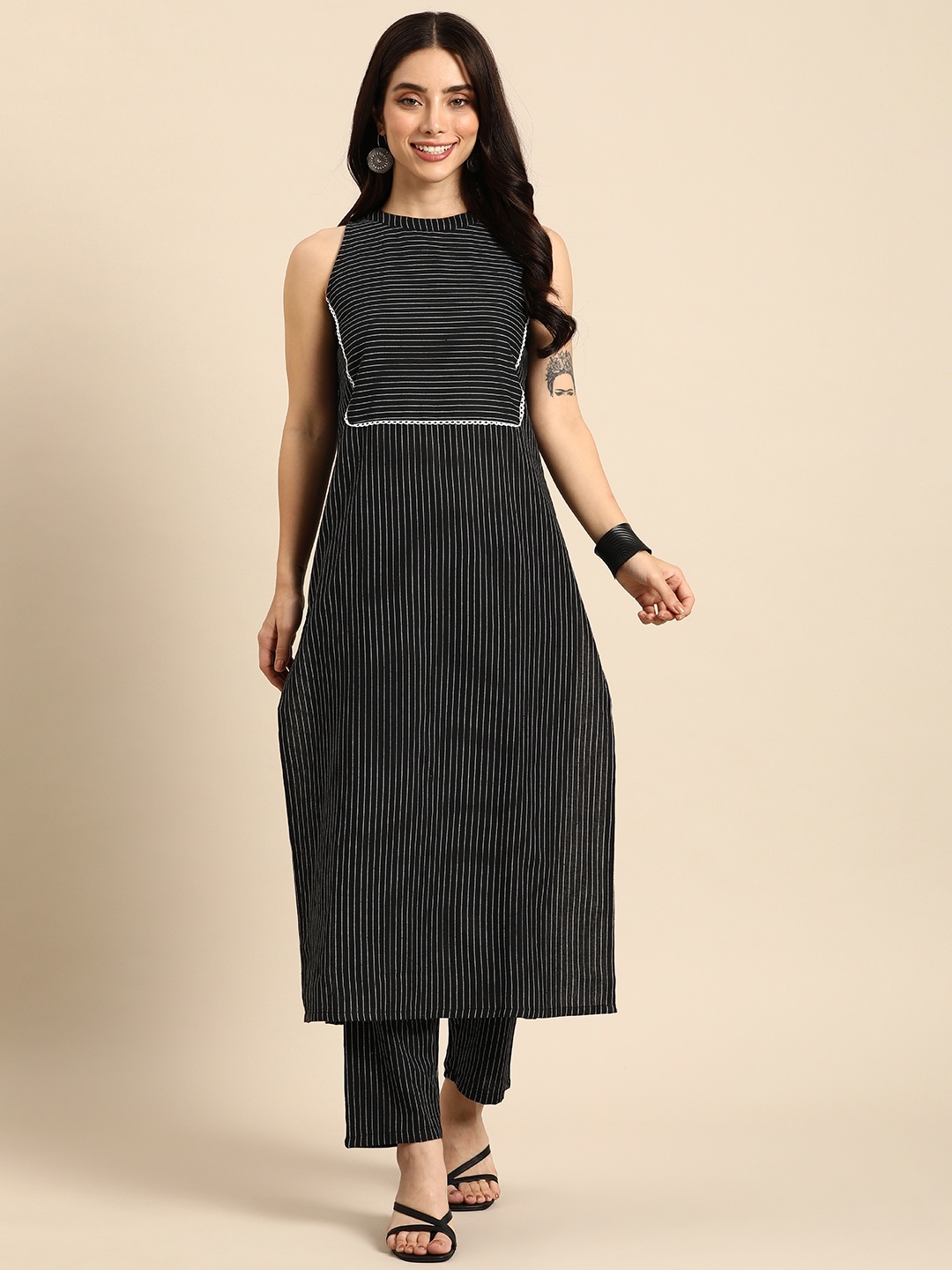 

Anouk Women Striped Regular Kurta With Trousers, Black