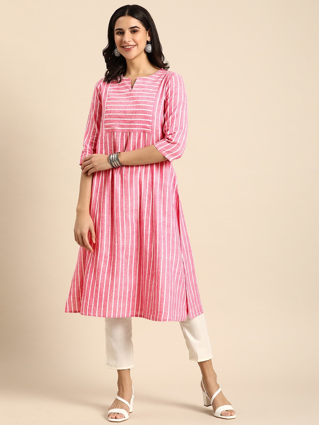 

Anouk Round Neck Striped A-Line Kurta, Pink