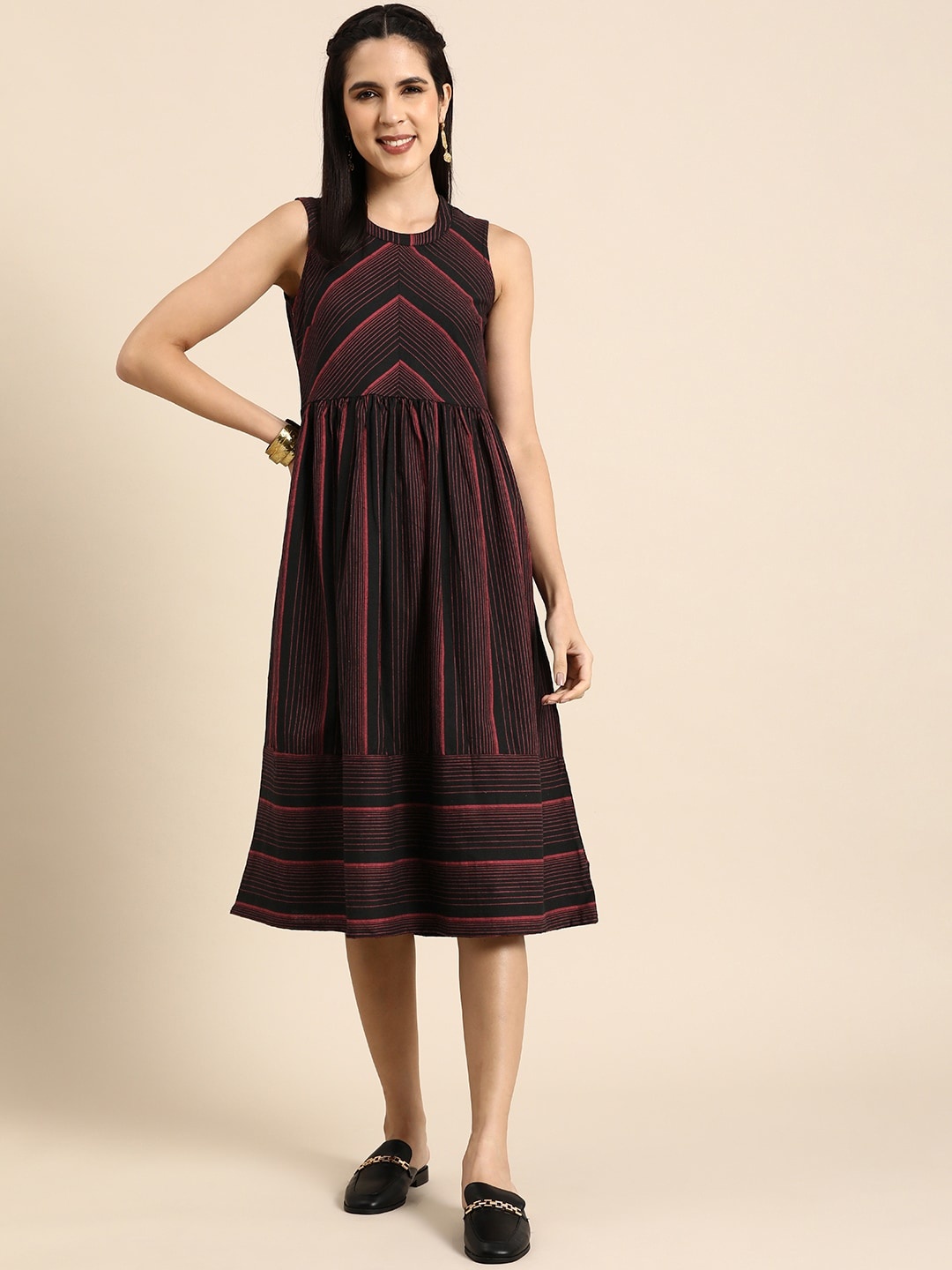 

Anouk Striped Sleeveless A-Line Midi Dress, Black