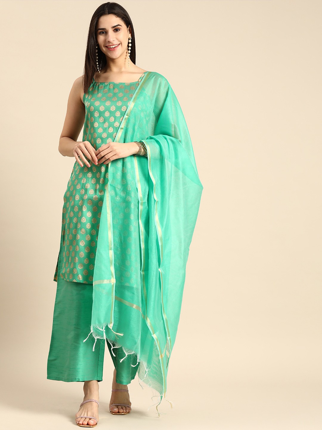 

Anouk Women Ethnic Motifs Printed Kurta With Palazzos & Dupatta Set, Green