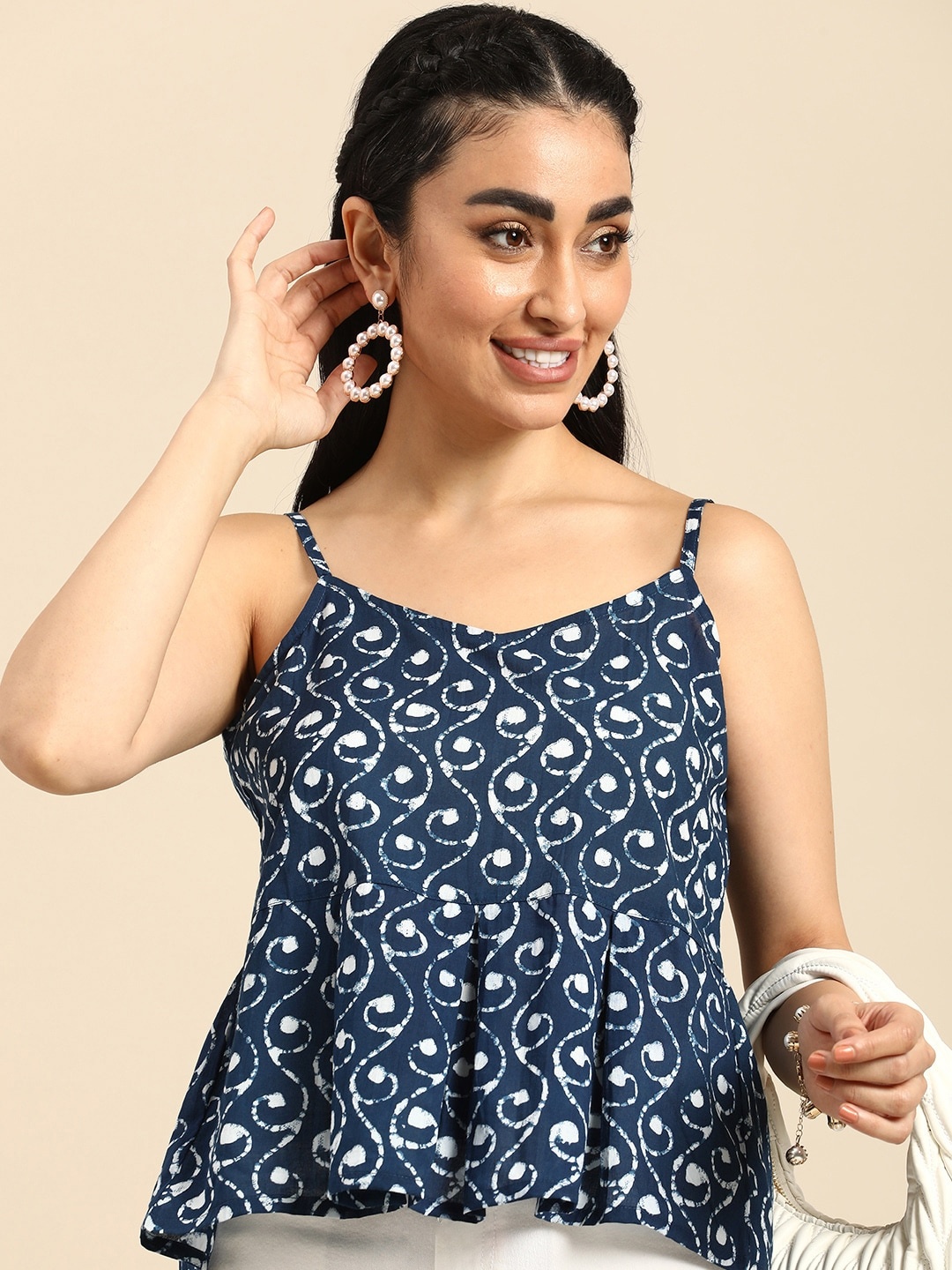 

Anouk Ethnic Motifs Printed Pure Cotton A-Line Top, Teal
