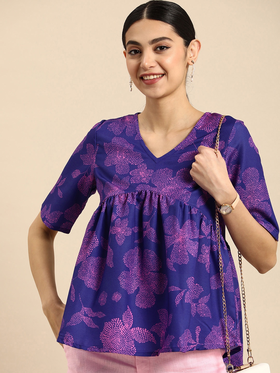 Anouk Navy Floral Print Empire Top Gathered or Pleated Detailing, Navy blue