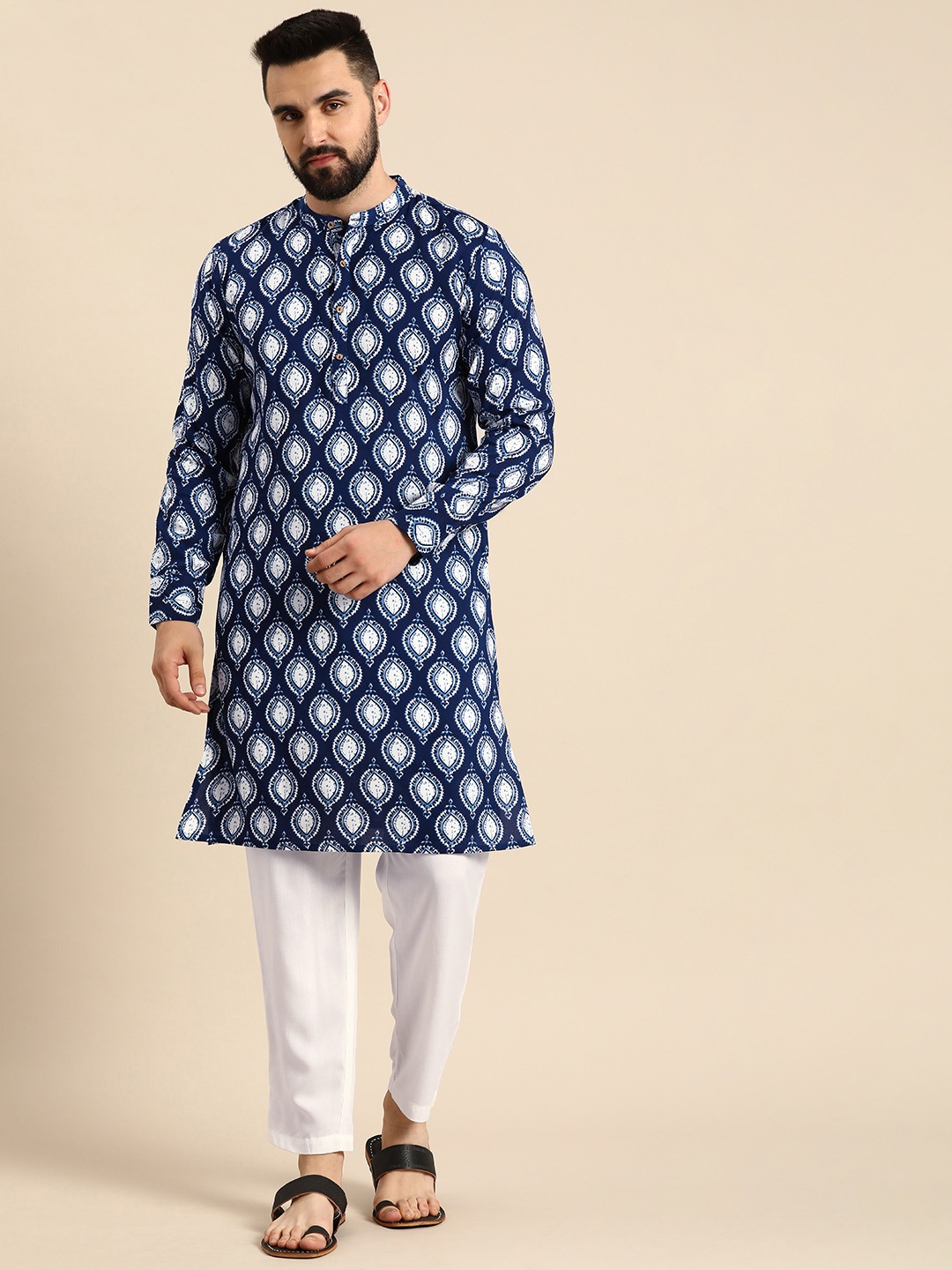 

Anouk Men Ethnic Motifs Printed Regular Kurta with Trousers, Navy blue