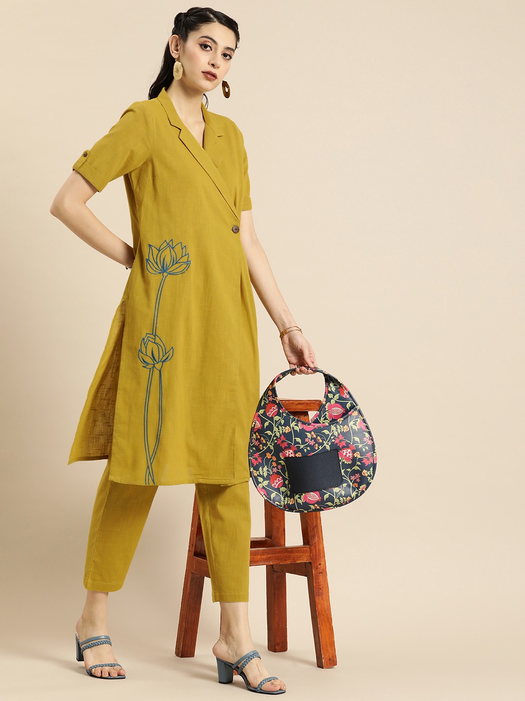 

Anouk Women Embroidered Floral Angrakha Pure Cotton Kurta with Trousers, Olive