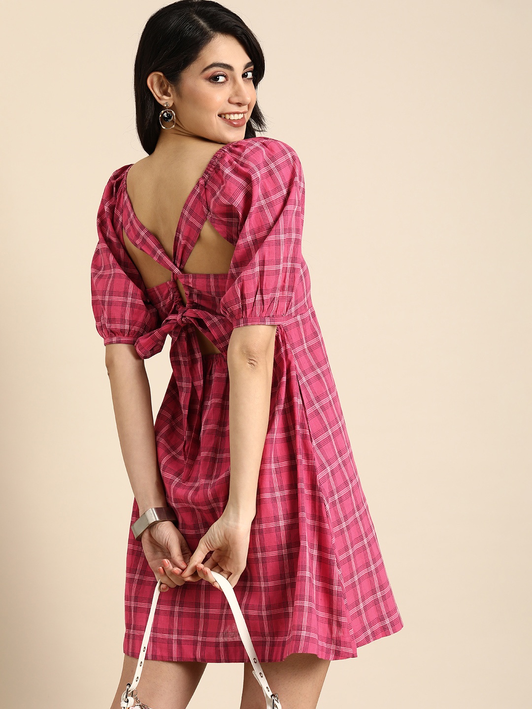 

Anouk Pure Cotton Checked Puff Sleeve A-Line Dress With Tie Up Detailing, Pink