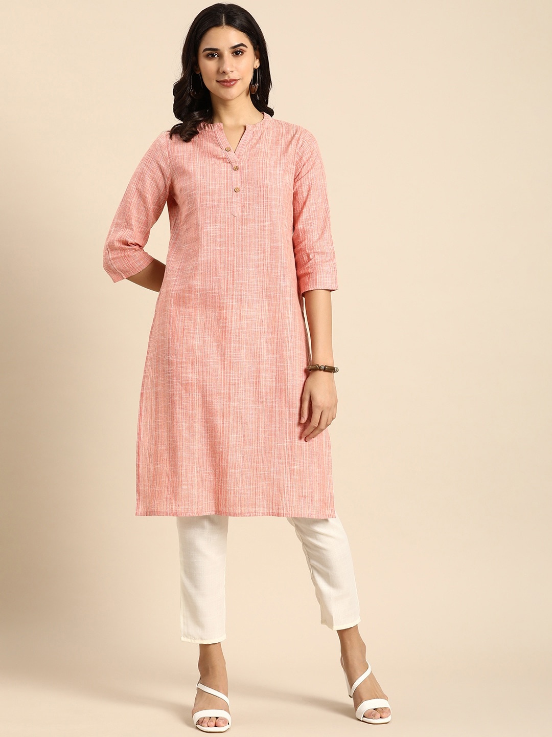 

Anouk Women Mandarin Collar Striped Kurta, Peach