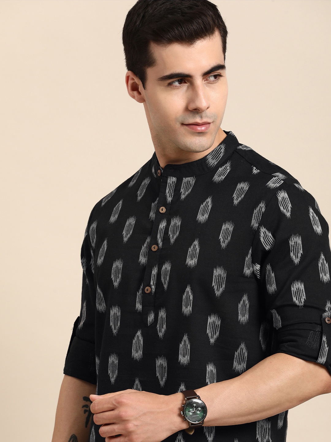 

Anouk Geometric Printed Band-Collar Kurta, Black