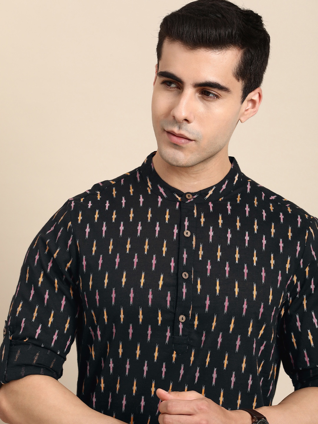 

Anouk Geometric Printed Band-Collar Pure Cotton Kurta, Black