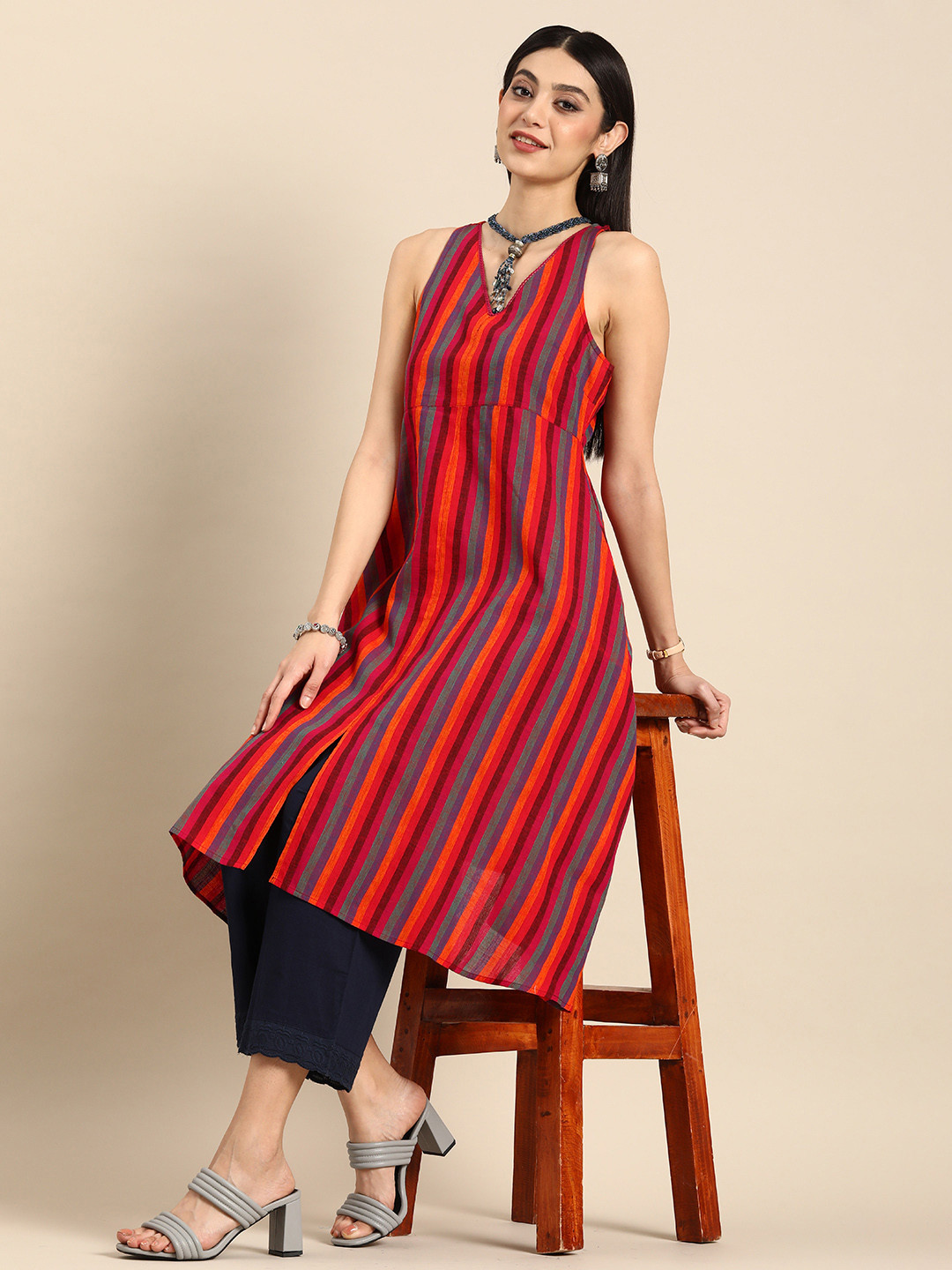 

Anouk Women Multi Or Variegated Stripes V Neck Lace Inserts Pure Cotton A-Line Kurta