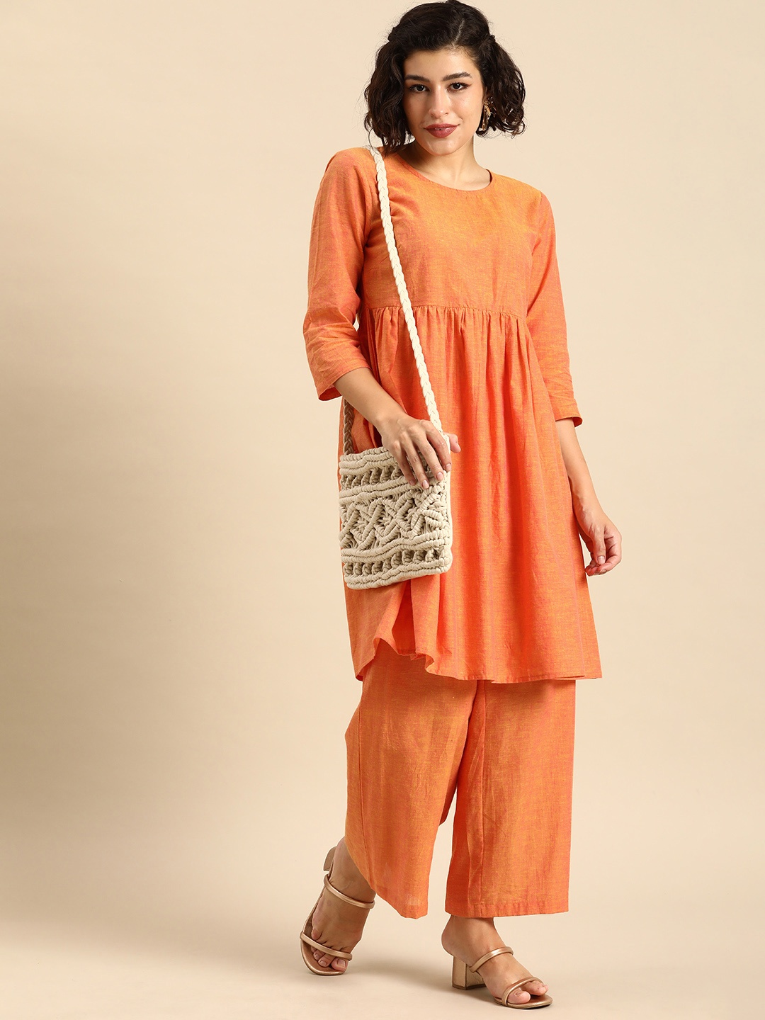 

Anouk Women Pure Cotton Empire Kurta With Palazzos, Orange