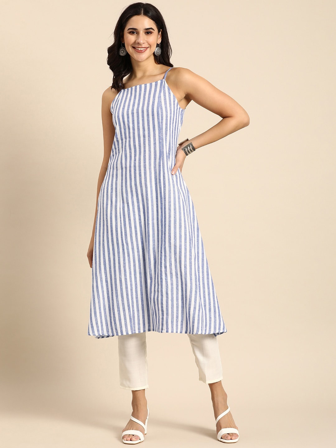 

Anouk Women Striped Sleeveless A-Line Kurta, Blue