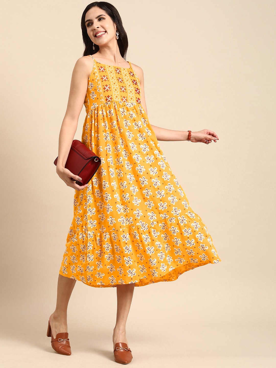 

Anouk Shoulder Straps Floral Embroidered Empire Style Tiered Midi Dress, Mustard