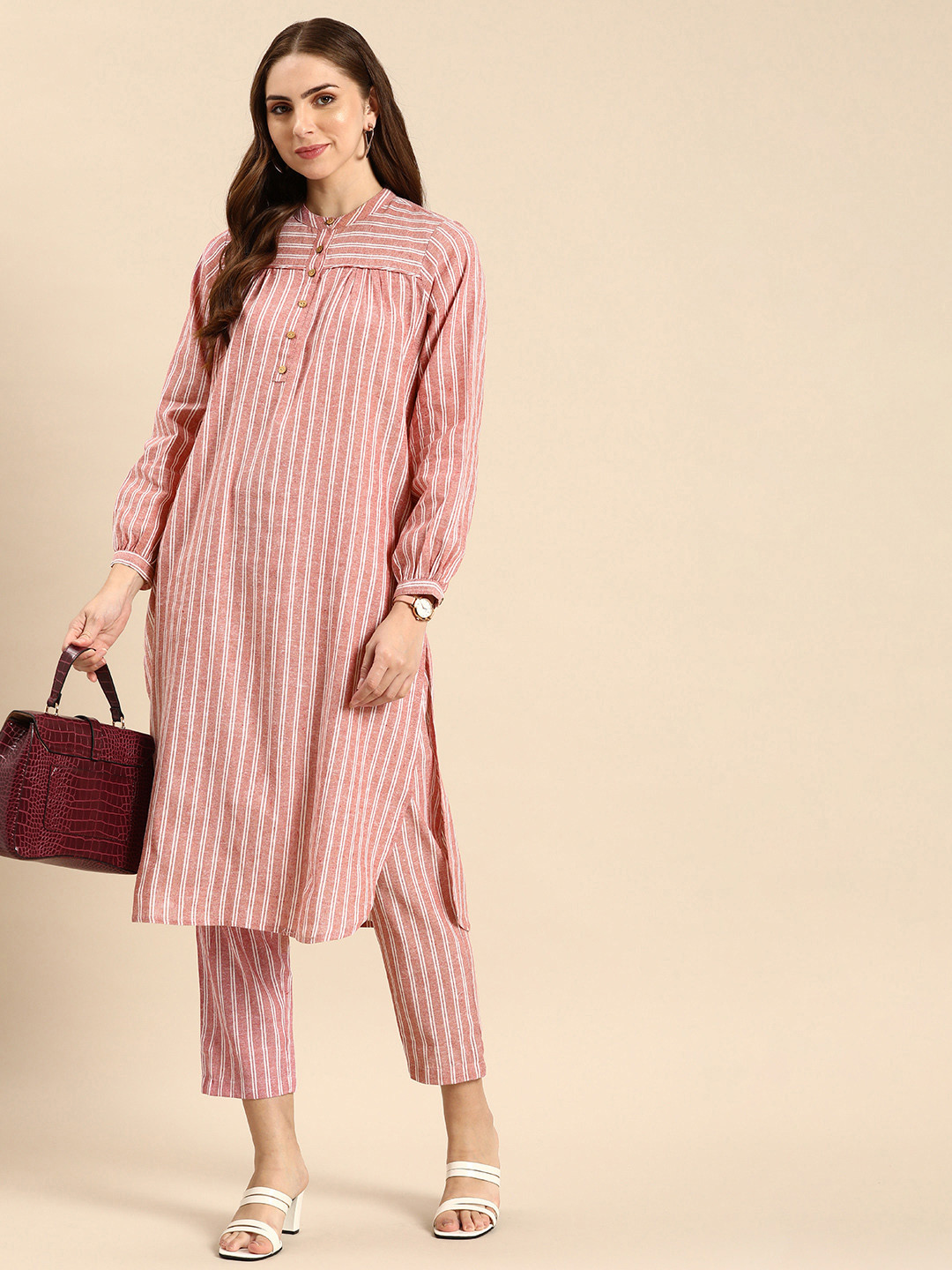 

Anouk Women Striped Regular Kurta With Trousers, Pink